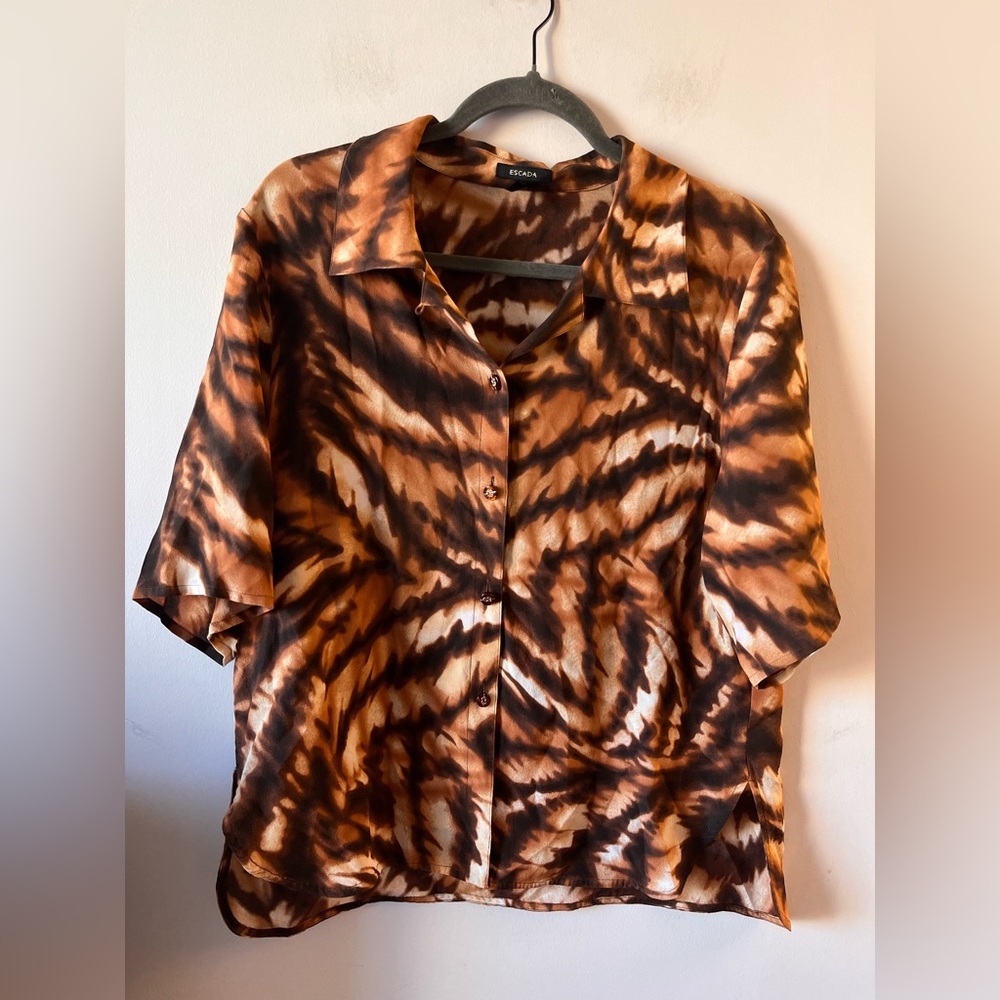 ESCADA 100% Silk Brown Animal Print Blouse size 44/L